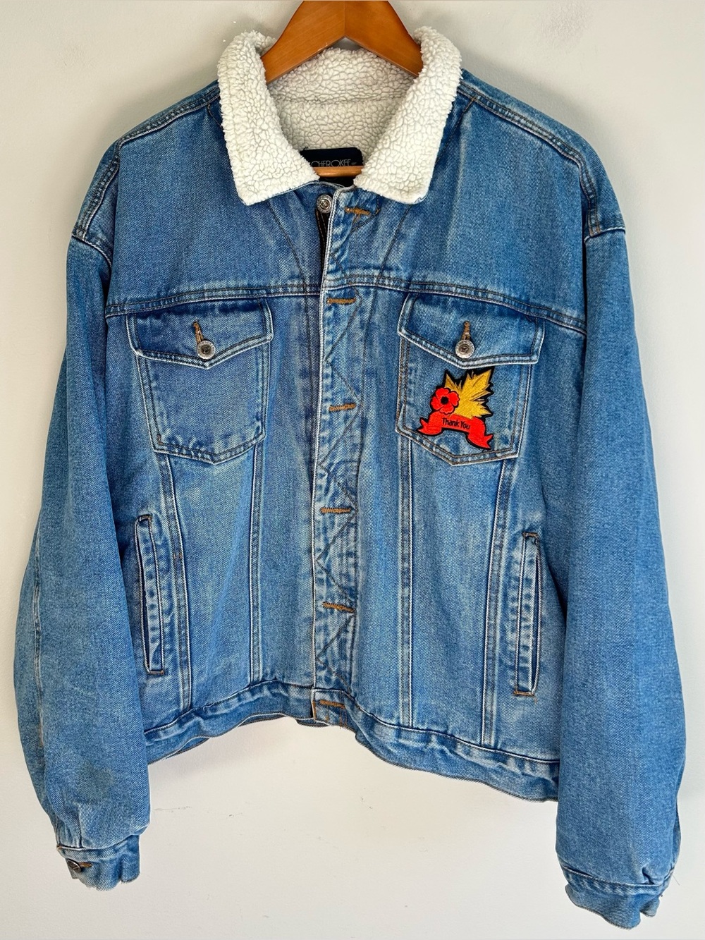 Vintage Cherokee Denim Jacket Mens L Sherpa Lined Canada Military Veterans Patch